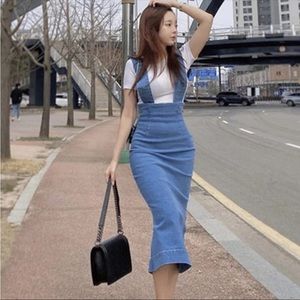 Stretchy blue denim suspender skirt pinafore dress bodycon skirt